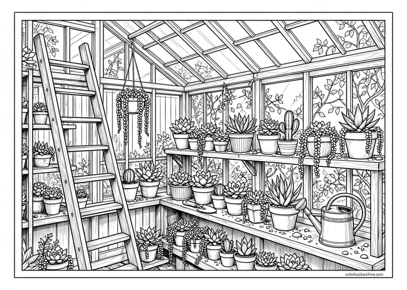 Vintage Greenhouse Interior With Succulent Shelves